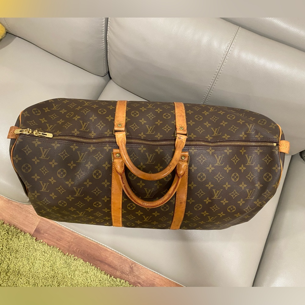 Louis Vuitton Brown Monogram Travel Duffel with Tan Leather Trim - Picture 6 of 13